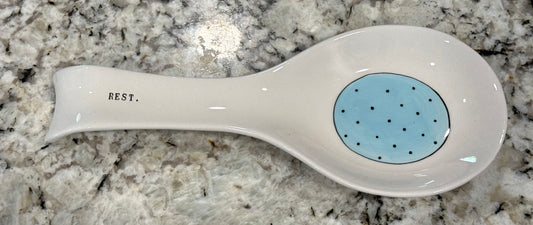 Rae Dunn ceramic blue polka dot sooon rest REST.