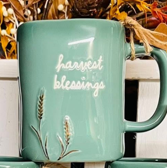 New Rae Dunn blue ceramic fall coffee mug HARVEST BLESSINGS