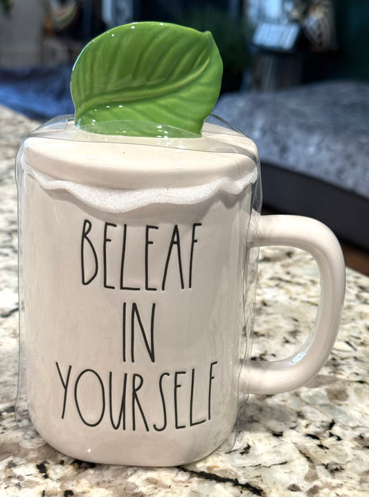 New Rae Dunn white ceramic leaf topped coffee mug BELEAF IN YOURSELF