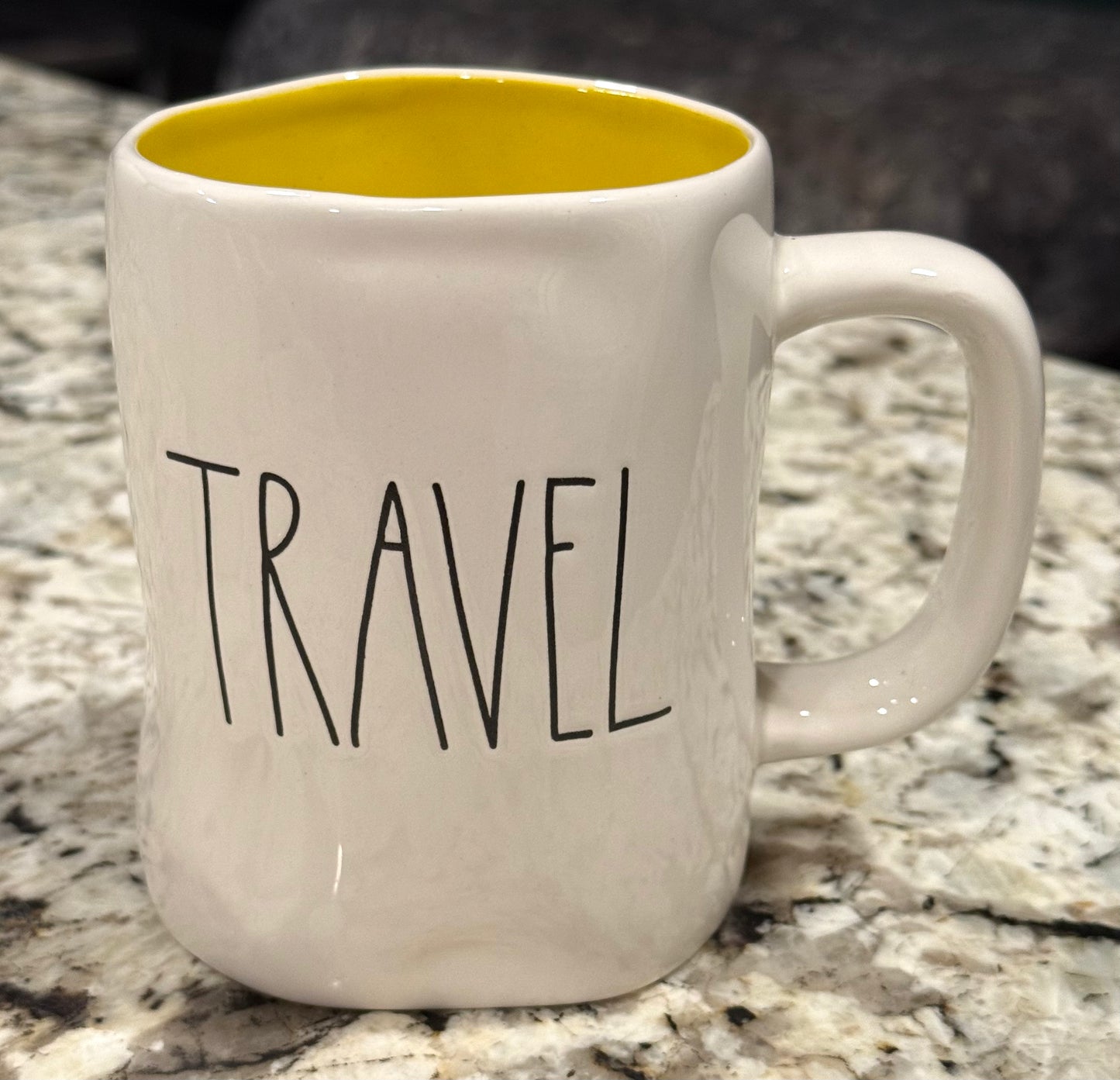New Rae Dunn white ceramic mug TRAVEL yellow interior