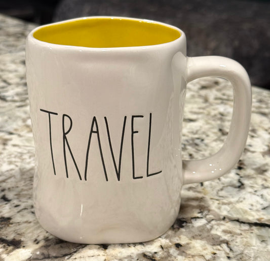 New Rae Dunn white ceramic mug TRAVEL yellow interior