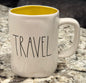 New Rae Dunn white ceramic mug TRAVEL yellow interior