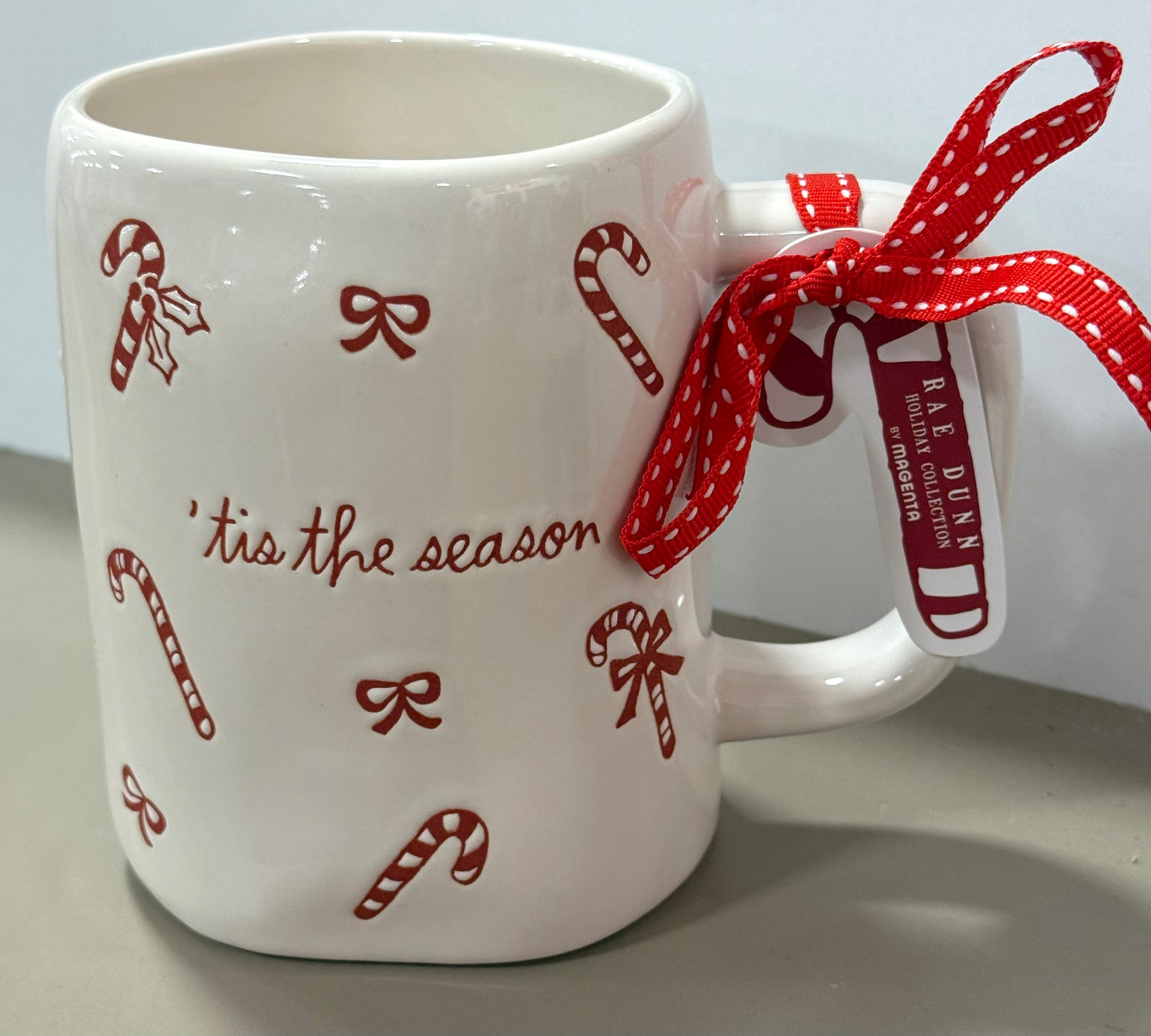 New Rae Dunn candy cane engraved ceramic coffee mug TIS THE SEASON
