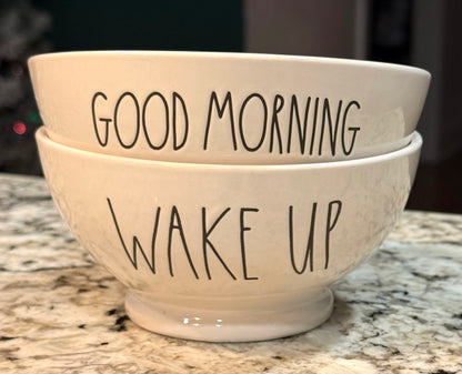 Rae Dunn 2-piece white ceramic cereal bowl set WAKE UP & GOOD MORNING