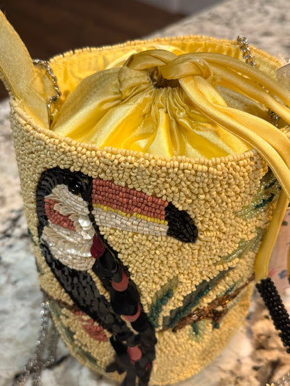 New Made In India yellow beaded Tucan drawstring satin interior tote/purse, crossbody chain strap