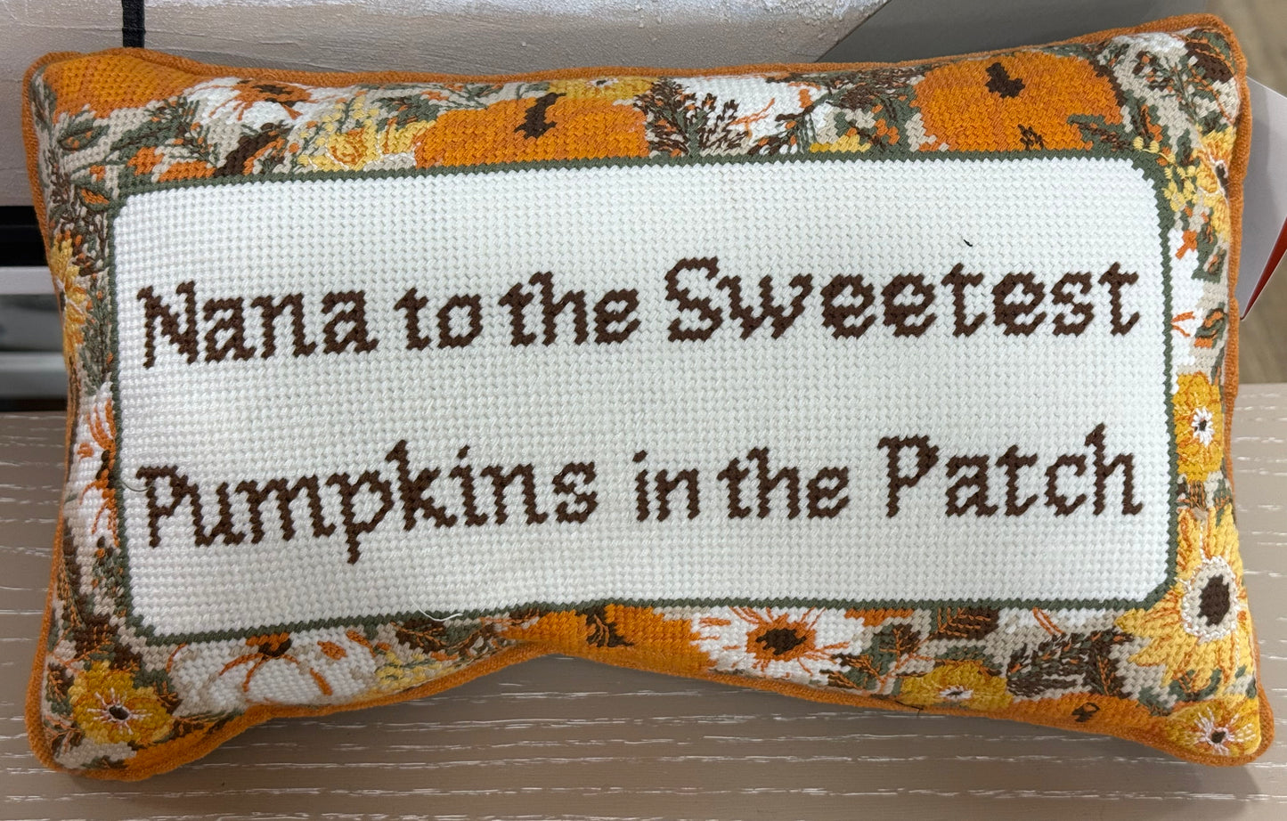 New fall floral needlepoint hook throw pillow NANA TO THE SWEETEST PUMPKINS IN THE PATCH 9x16