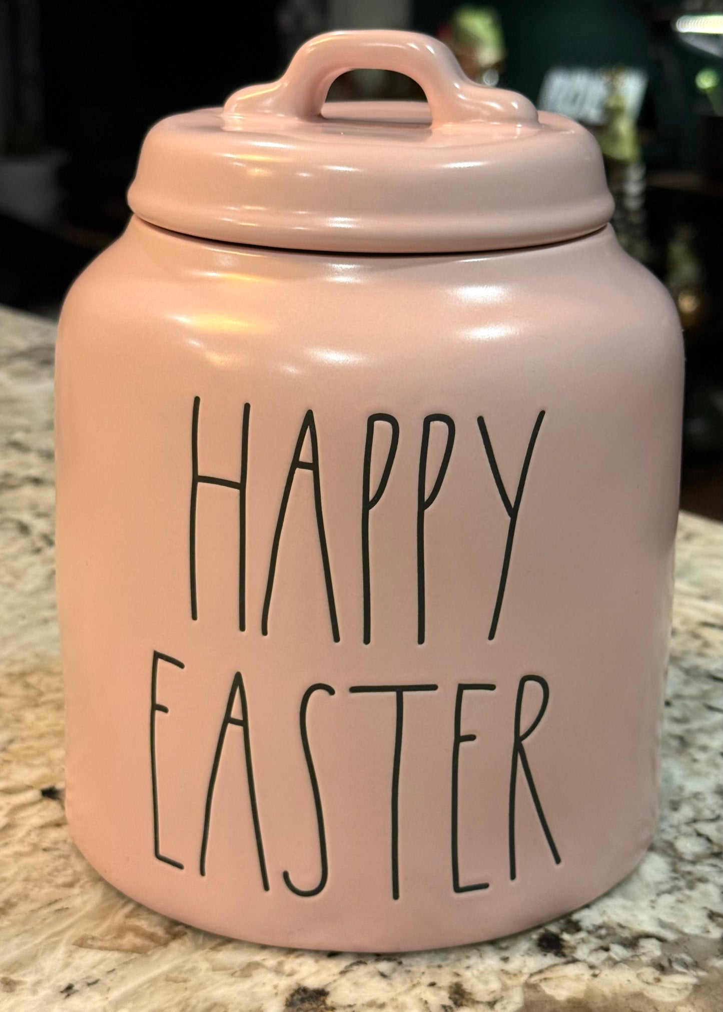New Rae Dunn MATTE pink ceramic 8” HAPPY EASTER canister cookie jar