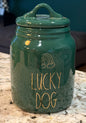 New Rae Dunn green ceramic LUCKY DOG rainbow 🌈 container 5”