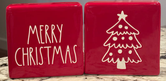New Rae Dunn red ceramic 5x5 Christmas block decor MERRY CHRISTMAS 🎄