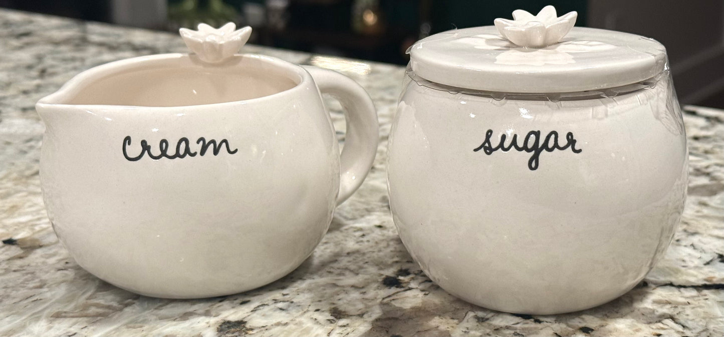 New Rae Dunn 2-piece ceramic script floral topped SUGAR & CREAM set