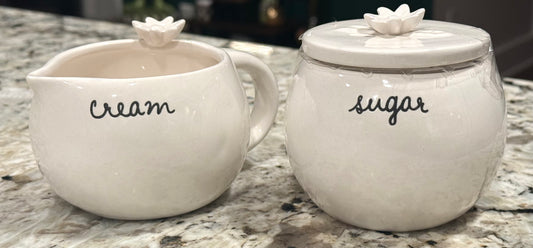 New Rae Dunn 2-piece ceramic script floral topped SUGAR & CREAM set