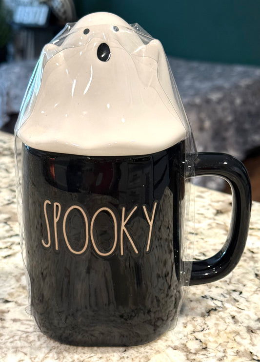 New Rae Dunn black ceramic Halloween coffee mug SPOOKY 👻 ghost topped