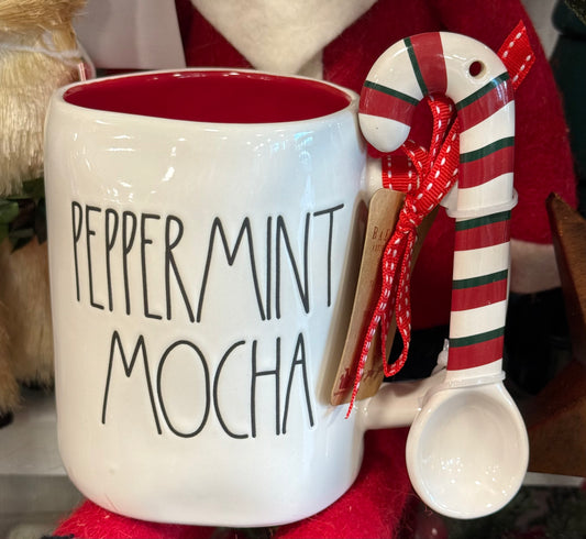 New Rae Dunn ceramic Christmas coffee mug PEPPERMINT MOCHA with striped spoon