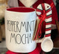 New Rae Dunn ceramic Christmas coffee mug PEPPERMINT MOCHA with striped spoon