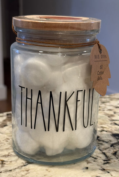 New Rae Dunn clear glass apothecary jar cotton balls THANKFUL