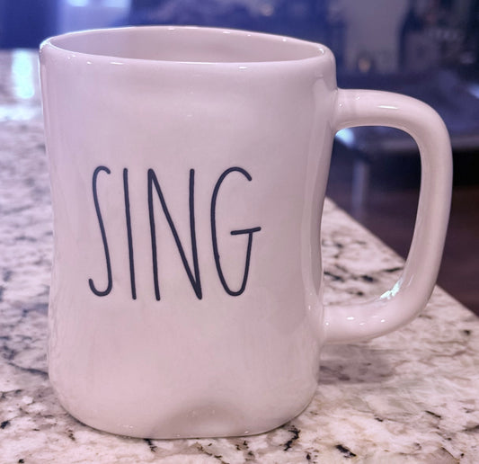Rae Dunn white ceramic coffee mug SING