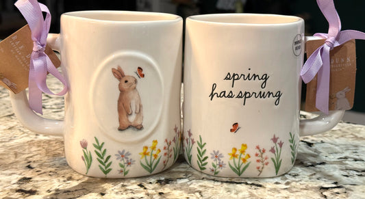 New Rae Dunn white ceramic Floral double sided bunny back coffee mug SPRING HAS SPRUNG