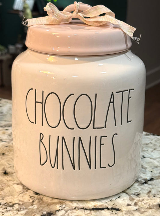 New Rae Dunn white Easter canister 8” pink lid CHOCOLATE BUNNIES