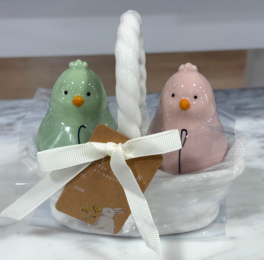 New Rae Dunn pastel ceramic Easter chicks salt and pepper shaker set in basket