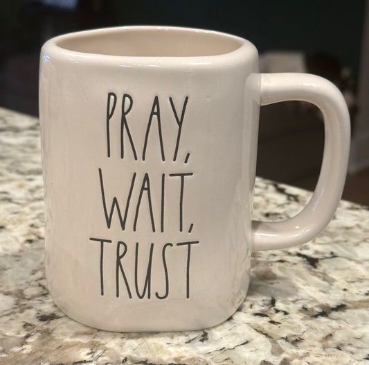 New Rae Dunn white ceramic coffee mug PRAY, WAIT, TRUST