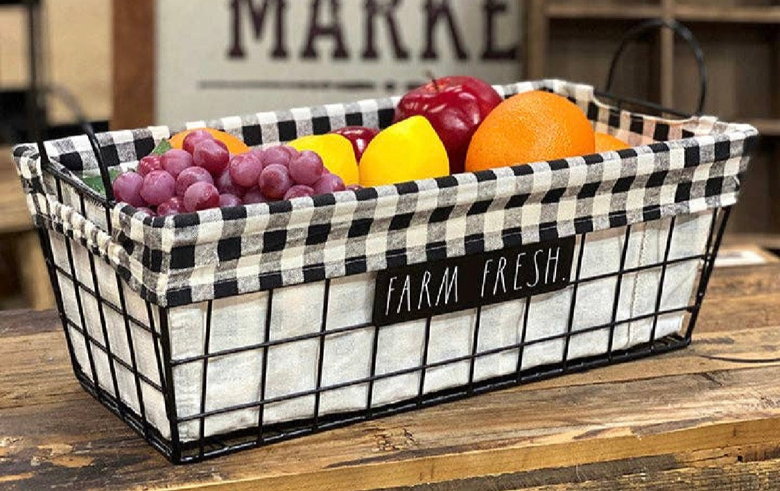 New Rae Dunn FARM FRESH Metal Black Wire Baskets Lined with Grey Checks