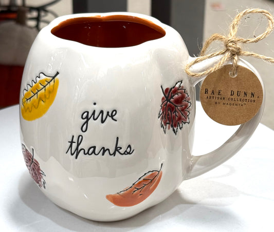 New Rae Dunn white ceramic fall coffee mug GIVE THANKS