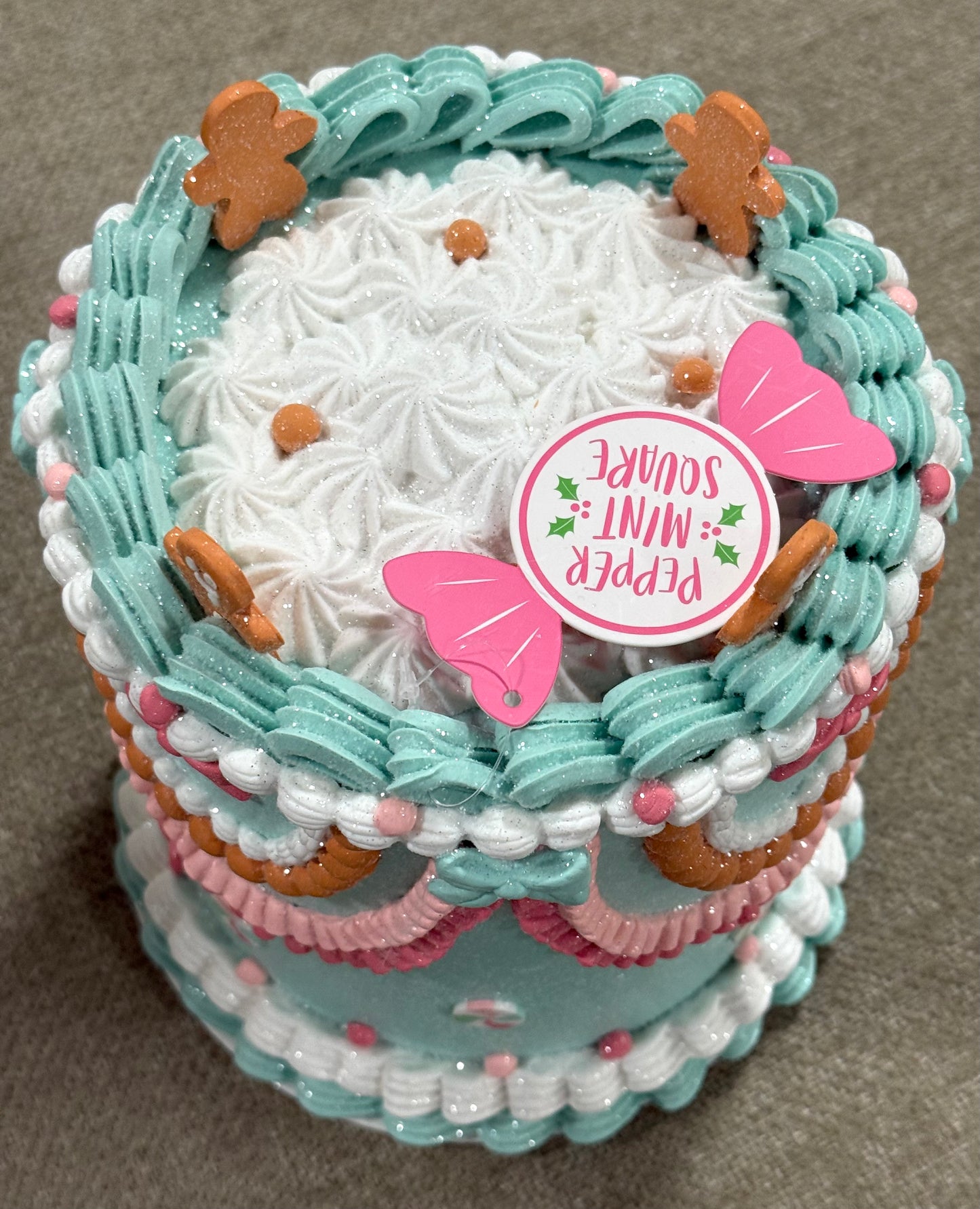 New Peppermint Square pastel Christmas gingerbread cake decor 10”