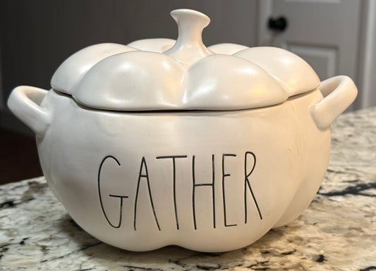 Rae Dunn white ceramic fall decor pumpkin shaped storage dish GATHER