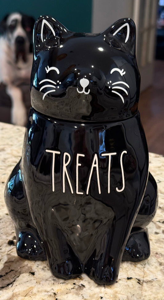 New Rae Dunn black iridescent ceramic cookie jar TREATS