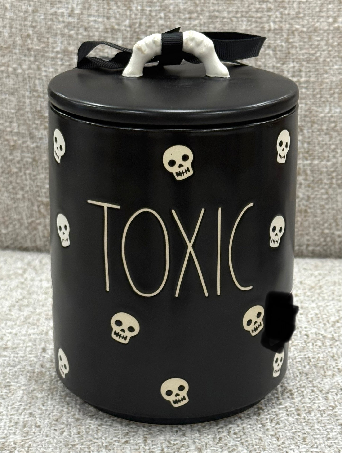 New Rae Dunn black ceramic Halloween canister. New release bone print TOXIC