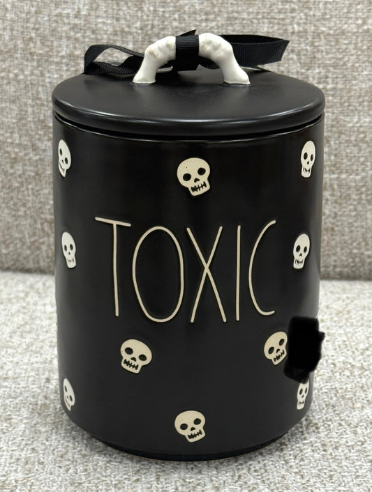 New Rae Dunn black ceramic Halloween canister. New release bone print TOXIC