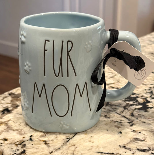 New Rae Dunn blue paw print ceramic coffee mug FUR MOM