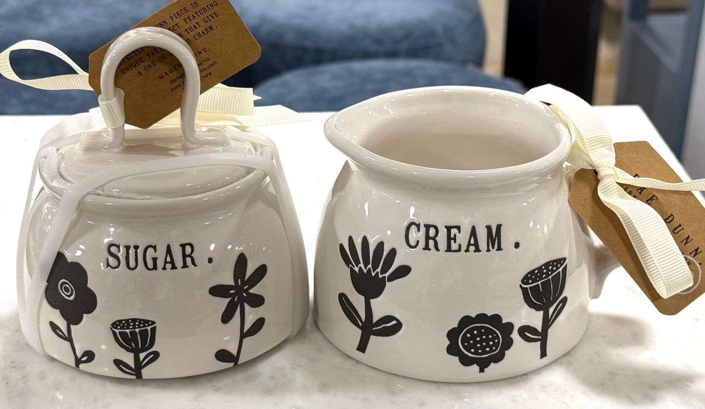 New Rae Dunn 2-piece white ceramic CREAM & SUGAR floral storage set