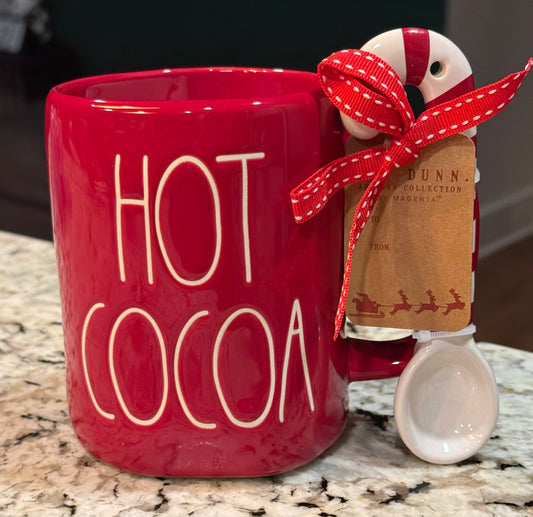 New Rae Dunn red ceramic coffee mug with candy cane spoon HOT COCOA