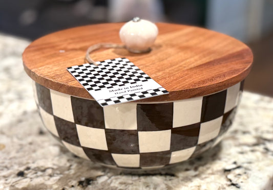 New Courtly Check ceramic black & white checkered Made in India covered dish