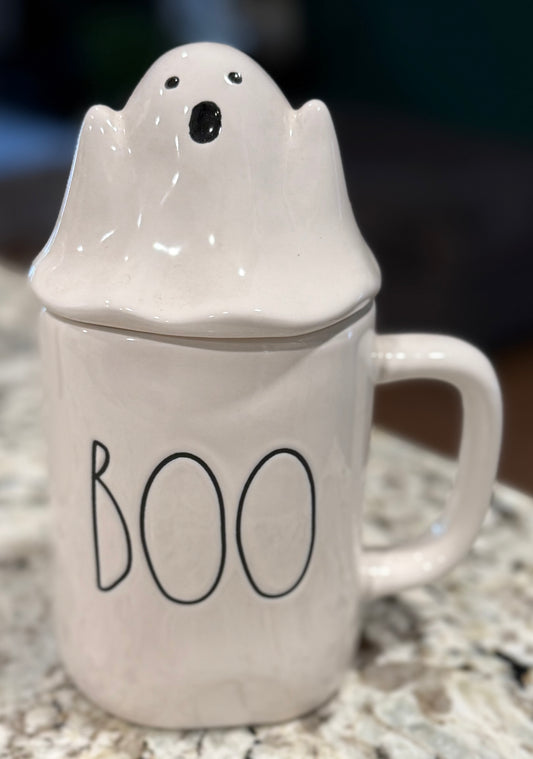 New Rae Dunn white ceramic ghost topped coffee mug BOO