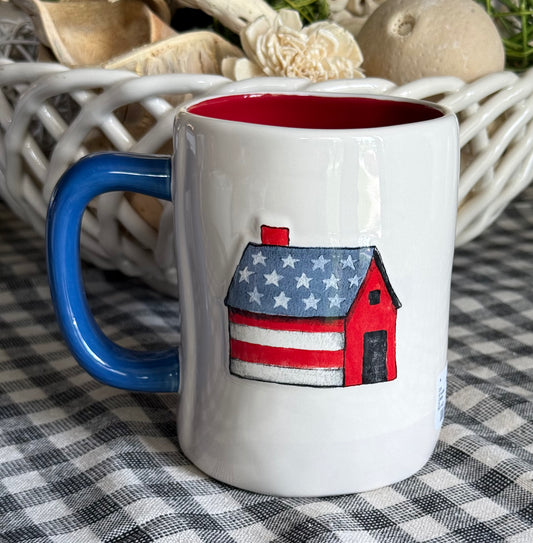 New Rae Dunn AMERICA white ceramic July 4th coffee mug barn on back