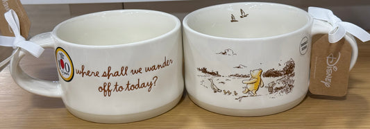 New Rae Dunn x Winnie the Pooh vintage look ceramic coffee mug Where Shall We Wander Off To Today
