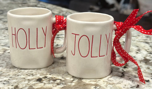 New Rae Dunn white ceramic mini mug Christmas ornament set HOLLY/JOLLY