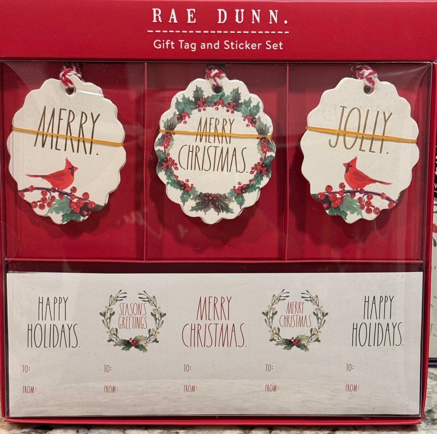 New Rae Dunn red cardinal Christmas gift tag & sticker boxed set