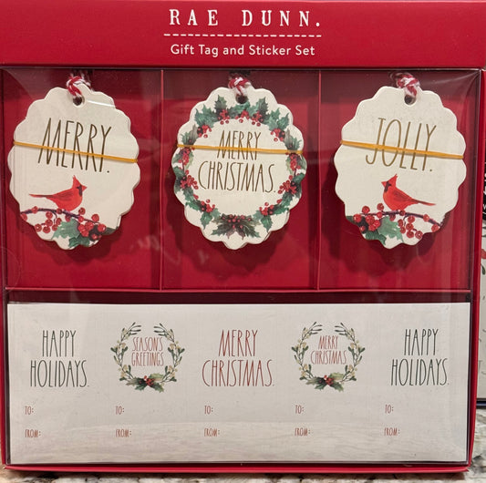 New Rae Dunn red cardinal Christmas gift tag & sticker boxed set