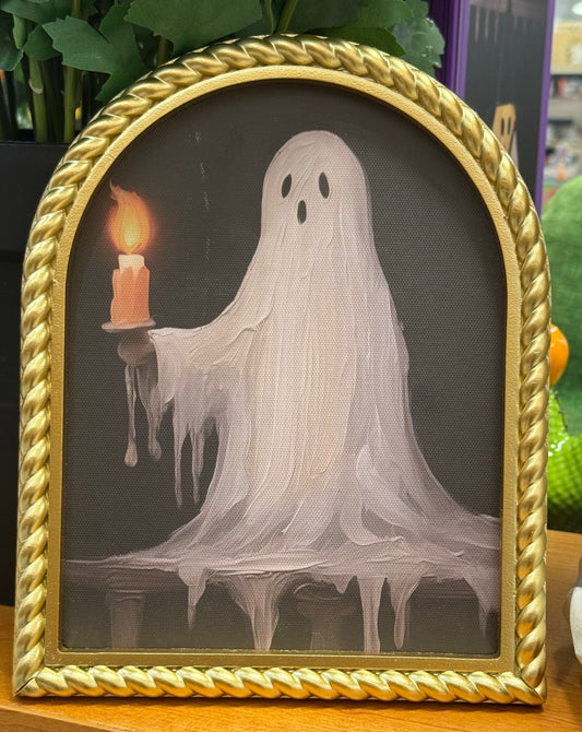 New standing oval gold framed ghost holding candle Halloween decor