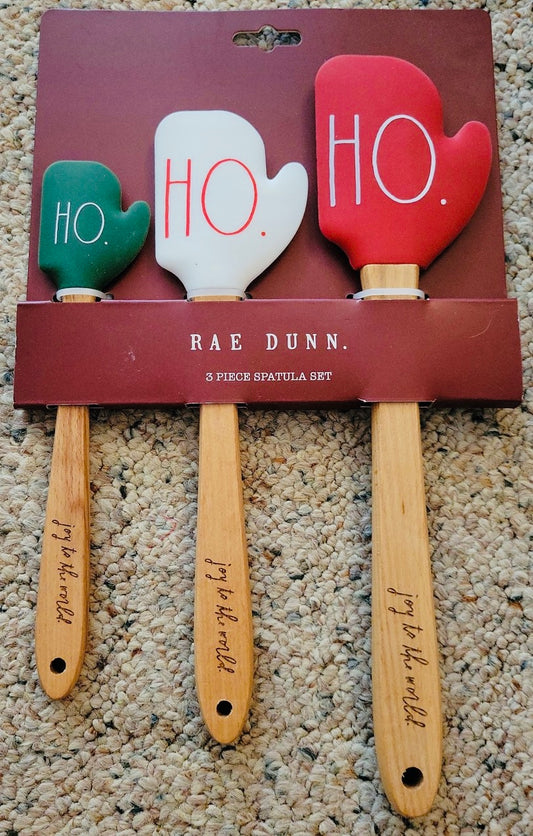 New Rae Dunn 3-piece wood handled Christmas utensil set HO HO HO