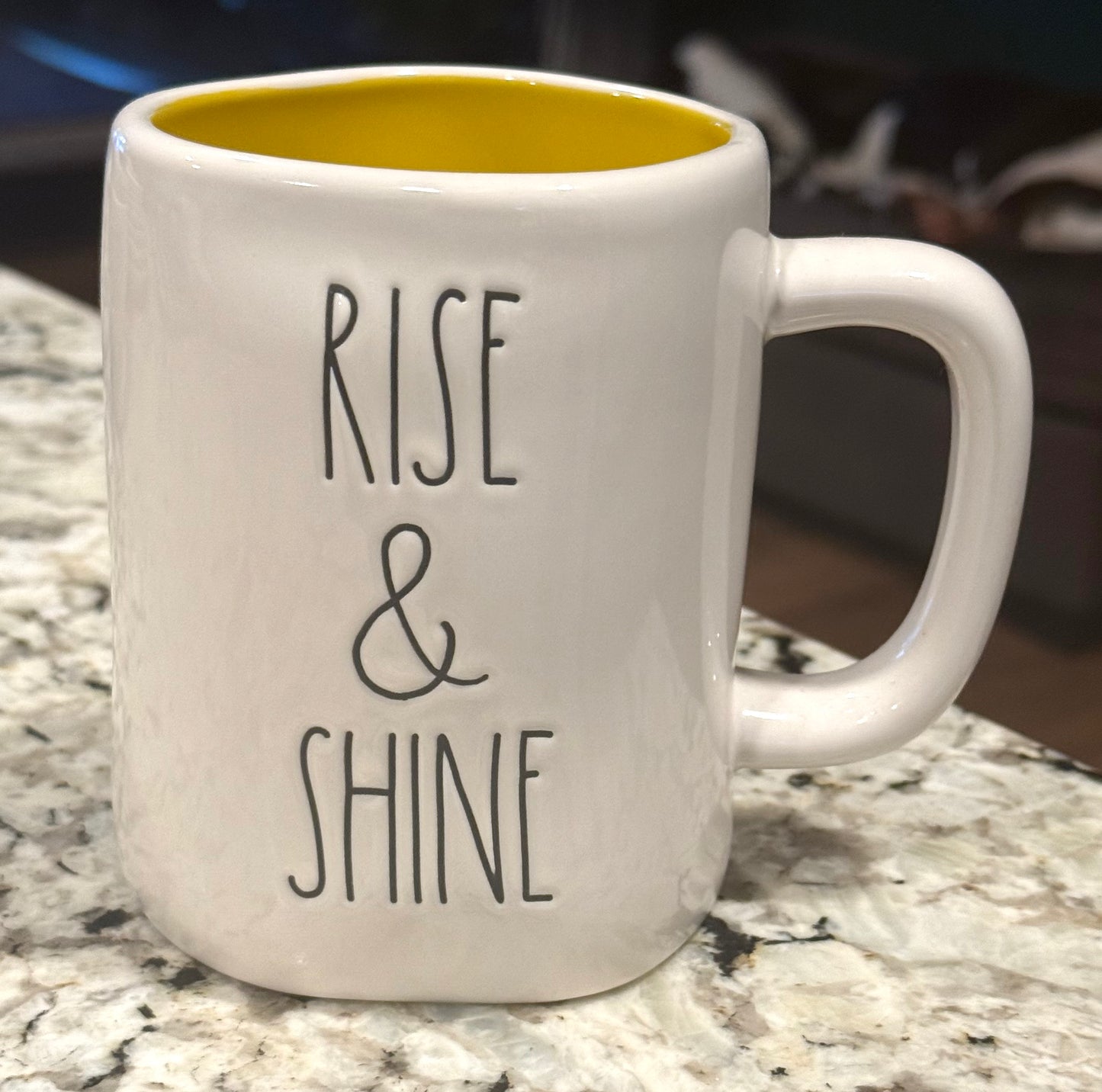 New Rae Dunn white ceramic coffee mug RISE & SHINE