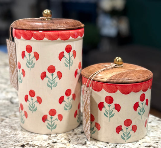 New Made in India ceramic 2-piece pink floral seal on lid canister set 8.5” 5”