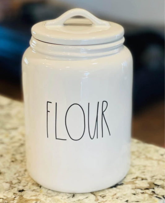 New Rae Dunn white ceramic flat lid 9” canister FLOUR flat lid