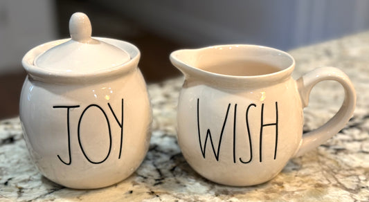 New Rae Dunn white ceramic 2-piece Christmas sugar & cream set JOY/WISH