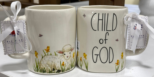 New Rae Dunn white ceramic Floral coffee mug CHILD OF GOD