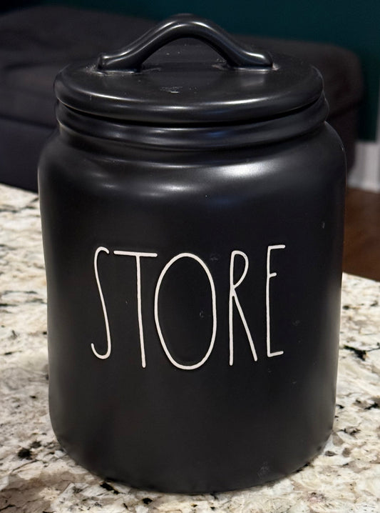 New Rae Dunn black ceramic STORE 9” flat lid canister