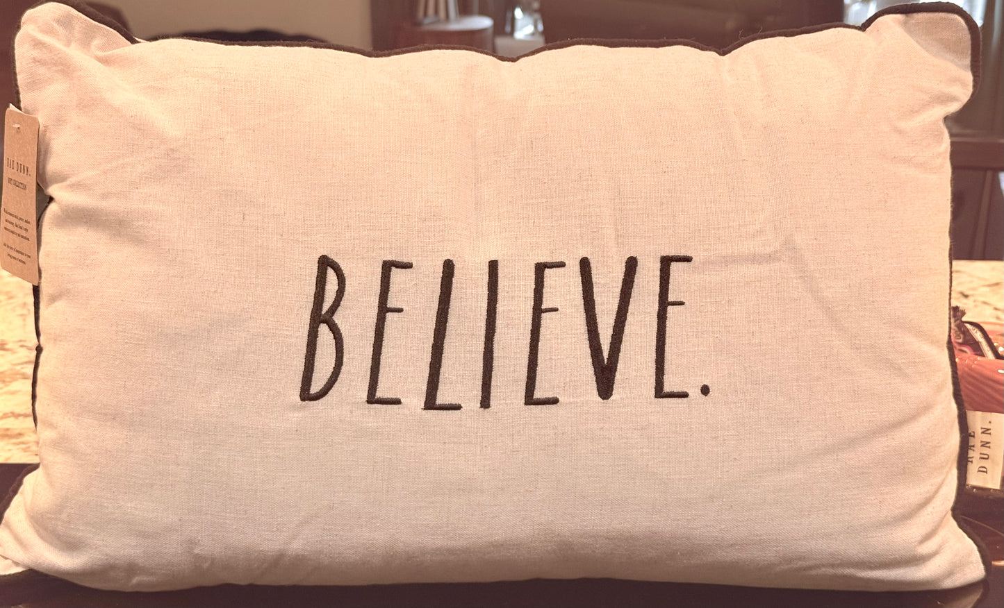 New Rae Dunn Soft collection throw pillow decor, washable cover BELIEVE. 12x20